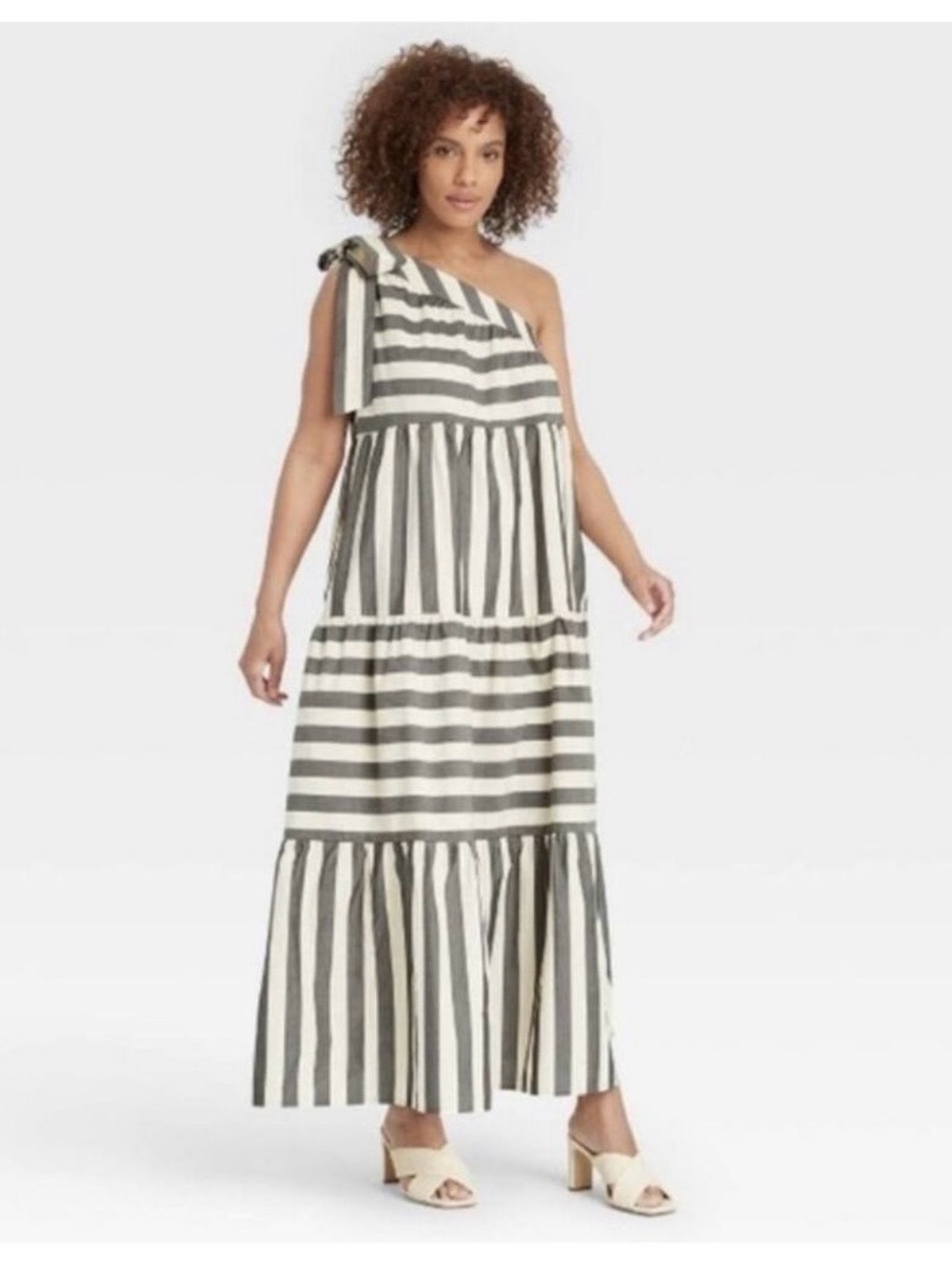 Who What Wear One-Shoulder Striped Maxi Dress in Olive and White
